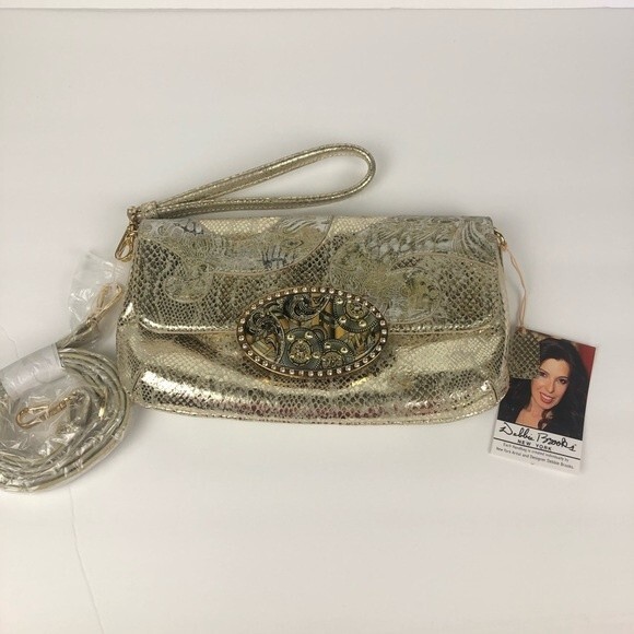 Debbie Brooks NY Gold Silk Screened Handbag Clutch Interchangeable - Picture 1 of 16